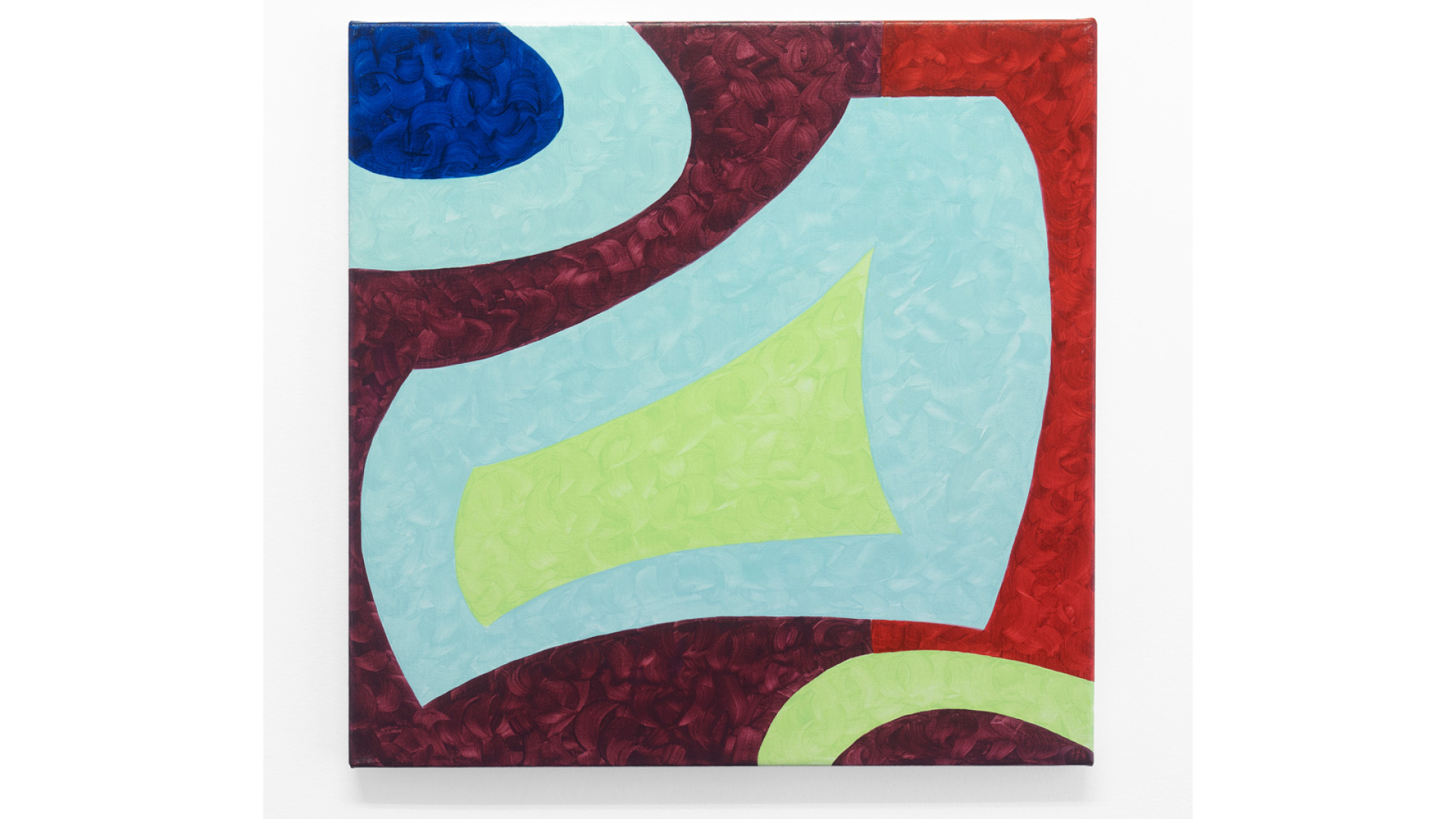 I square oil painting made up of dynamic hard edged and circular shapes in various tones of red, green and blue, built up from small texural brush strokes.