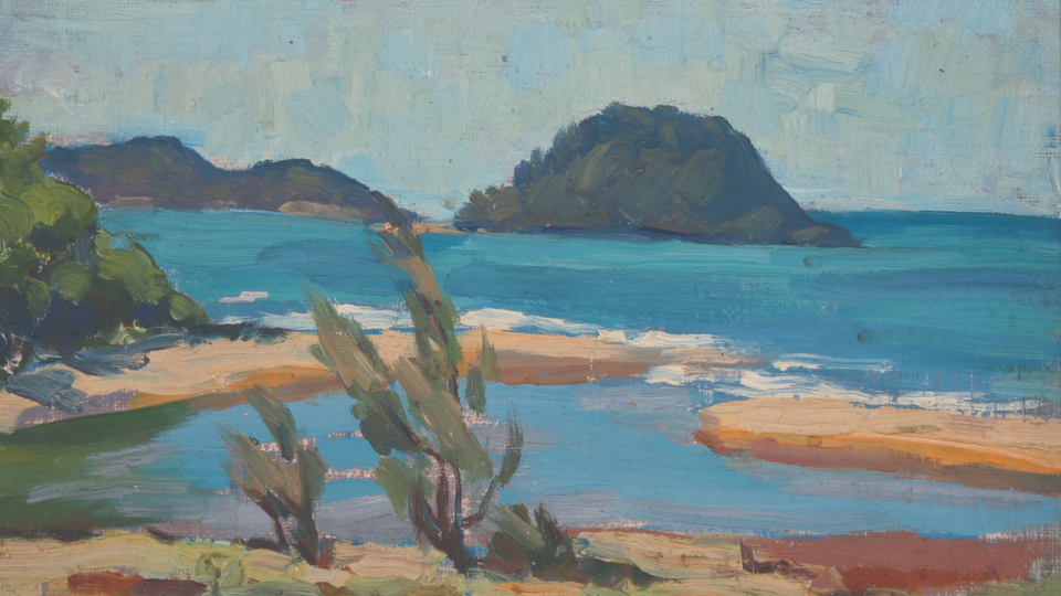 A painting of an island coastline, featuring sandbars, shrubbery, and the ocean off Timana Island, Queensland Australia